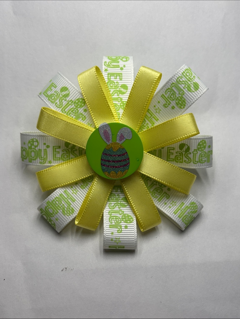 Easter Ribbon Hair Bow with Bunny Egg Center - Yellow & Lime